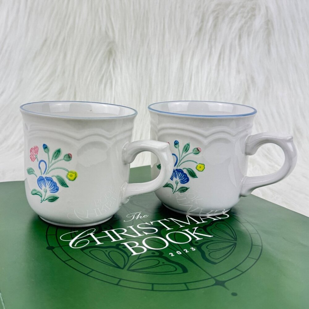 Set of 2 Vintage Floral Expressions Stoneware Coffee Mugs Tea Cups Japan Flower